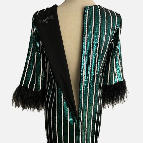 Badgley Mischka Mini Sheath Dress Sequins Feathers Size 4 Green Black White - Picture 6 of 11